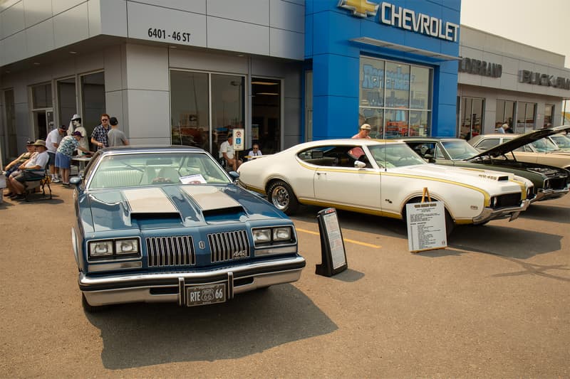 Pair of rare 442 models outside of the Hildebrand dealership showroom