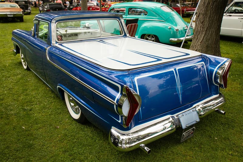 Rear shot of the stunning '57 Ranchero, showcasing the integrated 1958 Edsel fins