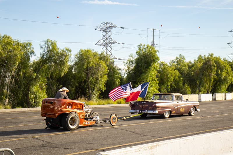 The Asphalt Cowboy dragster being towed by its push car Ranchero to run once again down the 1/8 mile