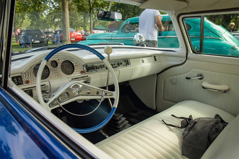 The interior of the Ranchero, with newer components integrated with the old school flair