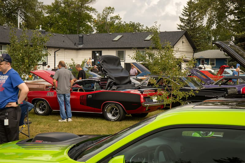 A gathering of classic and modern Mopar muscle cars in the centre of the Northern Mopars Show & Shine