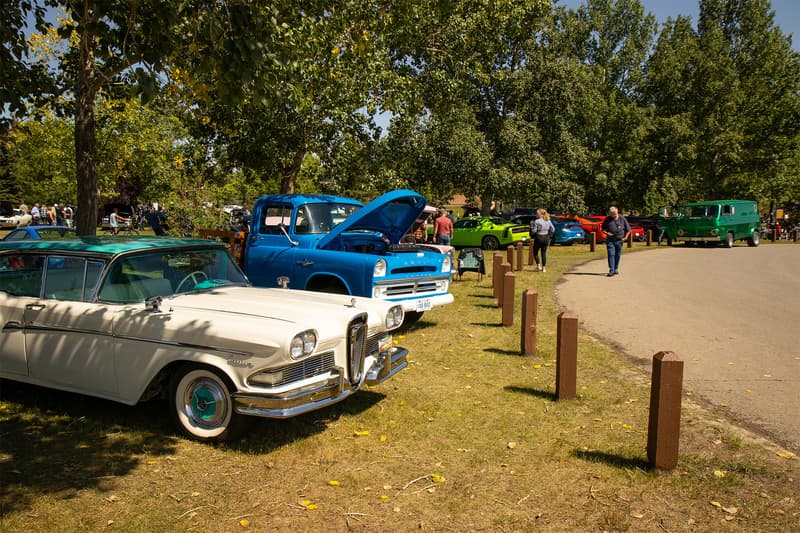 The entrance to the show was adorned with a variety of different vehicles, from a vintage Edsel to modern Mopar muscle