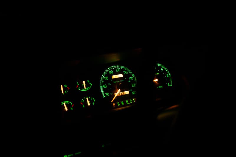 Gauge cluster at night of the 1988 Ford F-250